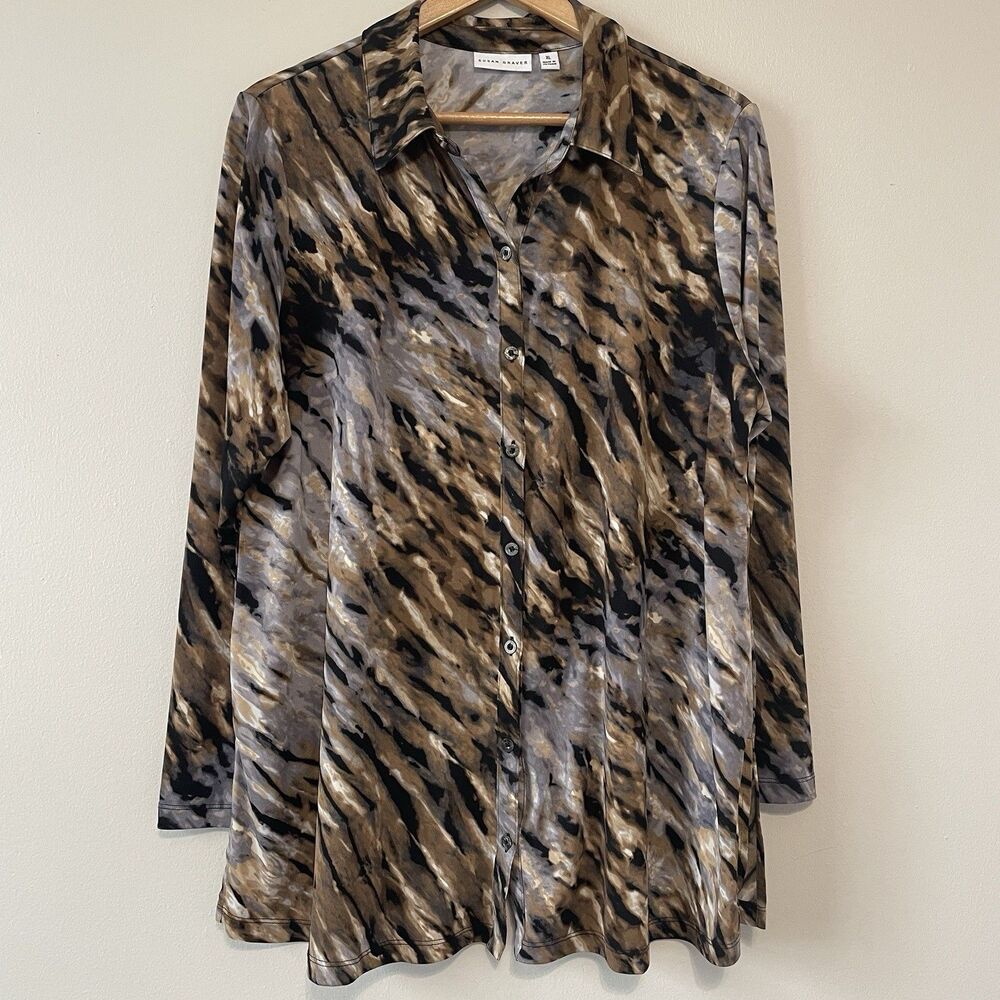 Susan Graver Liquid Knit Collard Button Up XL Tunic Brown Animal Stripe Casual